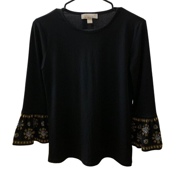 Michael Kors Black Top with Embroidered Bell Sleeves – Size PS - Picture 7 of 8